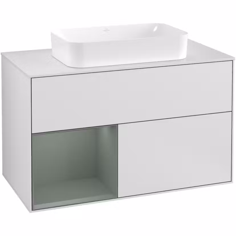 Tvättställsskåp Villeroy & Boch Finion med 2 Lådor Hylla och Bänkskiva för Fristående Tvättställ Vit Mattlack/Oliv Mattlack med bänkskiva i Mattvitt glas, Lucka Vänster med Blandarhål