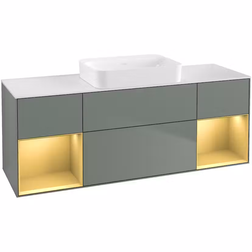Tvättställsskåp Villeroy & Boch Finion med Två Hyllor och Bänkskiva för Fristående Tvättställ Oliv Mattlack/Guld Mattlack med bänkskiva i Mattvitt glas med Väggbelysning utan Blandarhål