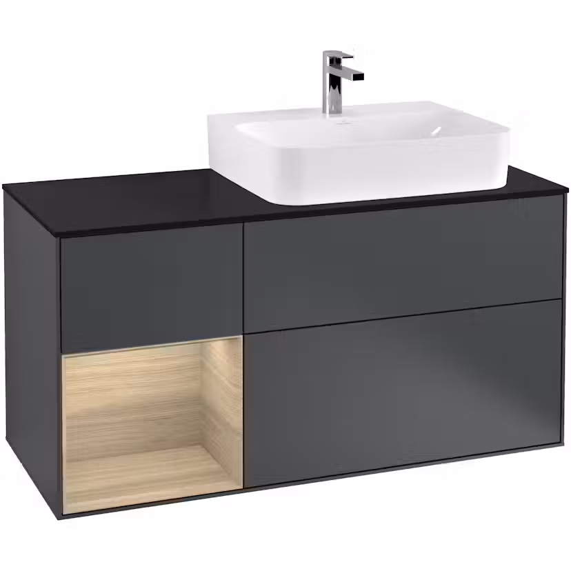 Tvättställsskåp Villeroy & Boch Finion med 3 Lådor Hylla och Bänkskiva för Ocentrerat Tvättställ Midnattsblå Mattlack/Ekfanér med bänkskiva i Mattsvart glas med Väggbelysning, Lucka Vänster