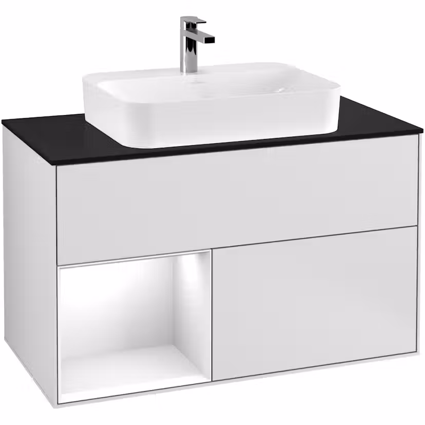 Tvättställsskåp Villeroy & Boch Finion med 2 Lådor Hylla och Bänkskiva för Ytmonterat Tvättställ Vit Mattlack/Vit Högblank med bänkskiva i Mattsvart glas, Lucka Vänster