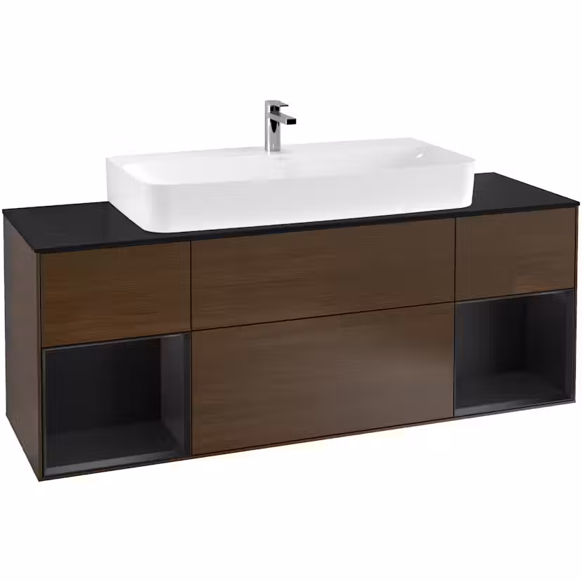 Tvättställsskåp Villeroy & Boch Finion med Två Hyllor och Bänkskiva för Centrerat Tvättställ Valnötsfanér/Svart Mattlack med bänkskiva i Mattsvart glas