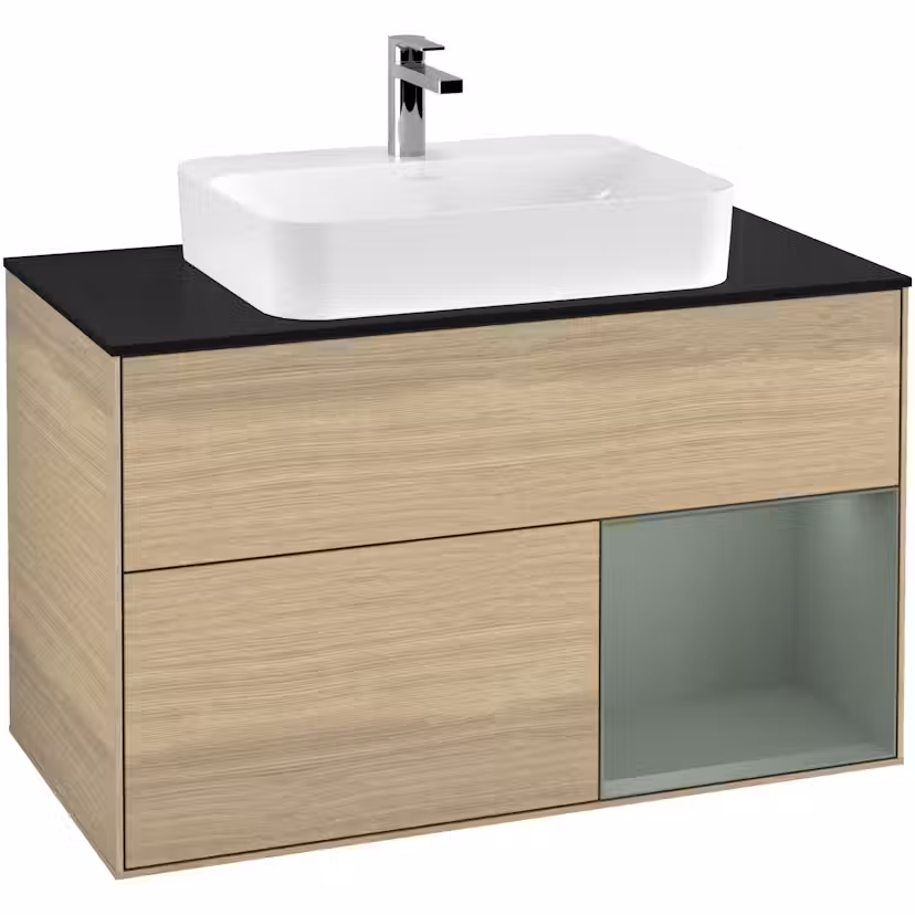Tvättställsskåp Villeroy & Boch Finion med 2 Lådor Hylla och Bänkskiva för Ytmonterat Tvättställ Ekfanér/Oliv Mattlack med bänkskiva i Mattsvart glas med Väggbelysning, Lucka Höger