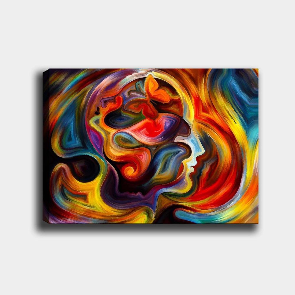 Canvastavla 70x100 cm - Färgstark och abstrakt skildring av en människas profil med inslag av en fjäril som symboliserar transformation och frihet