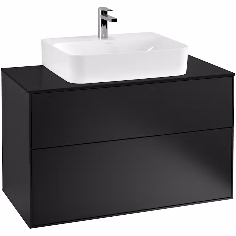Tvättställsskåp Villeroy & Boch Finion med 2 Lådor och Bänkskiva för Centrerat Tvättställ Svart Mattlack, B: 1000 mm med bänkskiva i Mattsvart glas med Väggbelysning