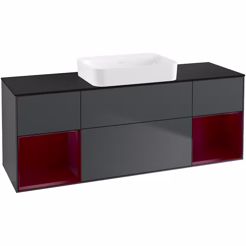 Tvättställsskåp Villeroy & Boch Finion med Två Hyllor och Bänkskiva för Fristående Tvättställ Midnattsblå Mattlack/Pion Mattlack med bänkskiva i Mattsvart glas med Väggbelysning utan Blandarhål