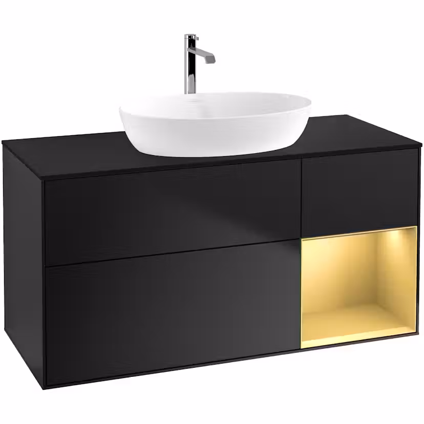 Tvättställsskåp Villeroy & Boch Finion med 3 Lådor Hylla och Bänkskiva för Fristående Tvättställ från Artis & Collaro Svart Mattlack/Guld Mattlack med bänkskiva i Mattsvart glas med Väggbelysning, Lucka Höger Utan Blandarhål
