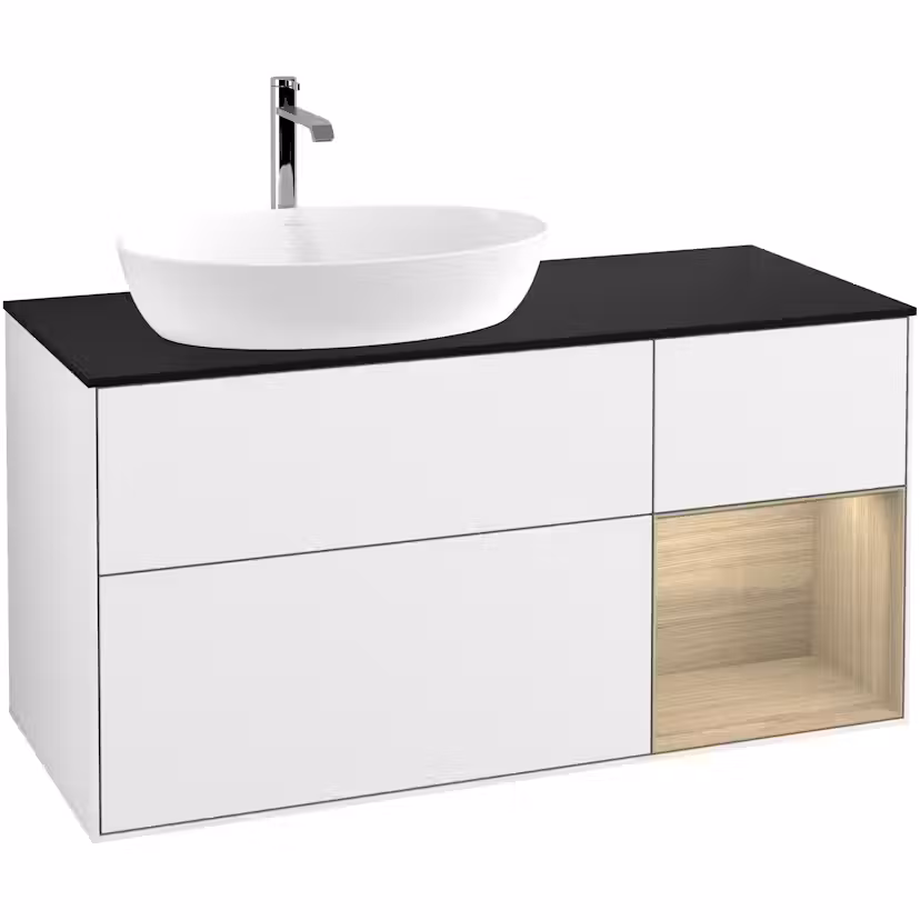 Tvättställsskåp Villeroy & Boch Finion med 3 Lådor Hylla och Bänkskiva för Ocentrerat Tvättställ från Artis & Collaro Vit Högblank/Ekfanér med bänkskiva i Mattsvart glas med Väggbelysning, Lucka Höger Med Blandarhål