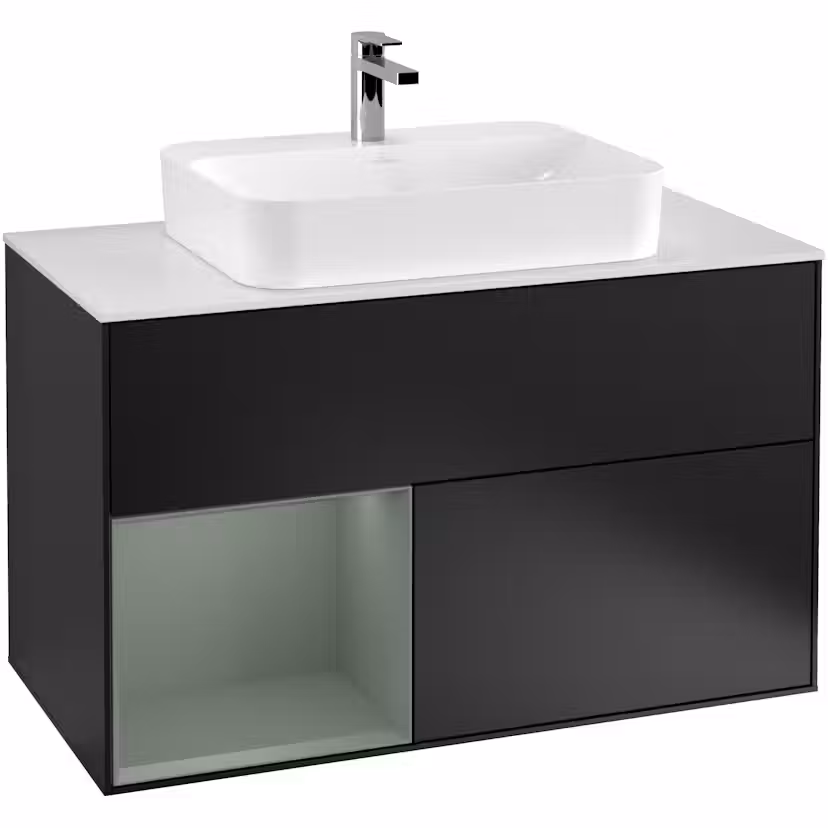 Tvättställsskåp Villeroy & Boch Finion med 2 Lådor Hylla och Bänkskiva för Ytmonterat Tvättställ Svart Mattlack/Oliv Mattlack med bänkskiva i Mattvitt glas med Väggbelysning, Lucka Vänster