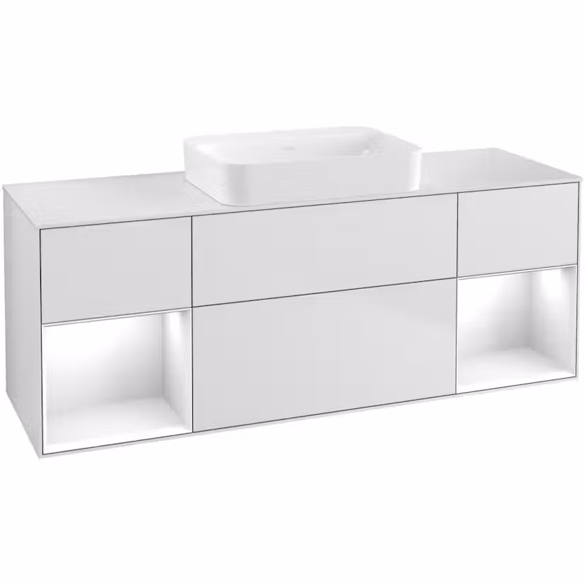 Tvättställsskåp Villeroy & Boch Finion med Två Hyllor och Bänkskiva för Fristående Tvättställ Vit Mattlack/Vit Högblank med bänkskiva i Mattvitt glas med Väggbelysning utan Blandarhål