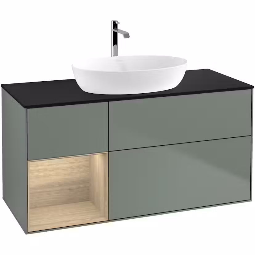 Tvättställsskåp Villeroy & Boch Finion med 3 Lådor Hylla och Bänkskiva för Fristående Tvättställ från Artis & Collaro Oliv Mattlack/Ekfanér med bänkskiva i Mattsvart glas med Väggbelysning, Lucka Vänster Med Blandarhål