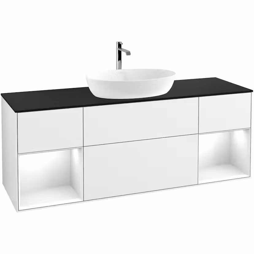 Tvättställsskåp Villeroy & Boch Finion med Två Hyllor och Bänkskiva för Fristående Tvättställ från Artis & Collaro Vit Högblank/Vit Högblank med bänkskiva i Mattsvart glas med Väggbelysning Utan Blandarhål utan Väggbelysning