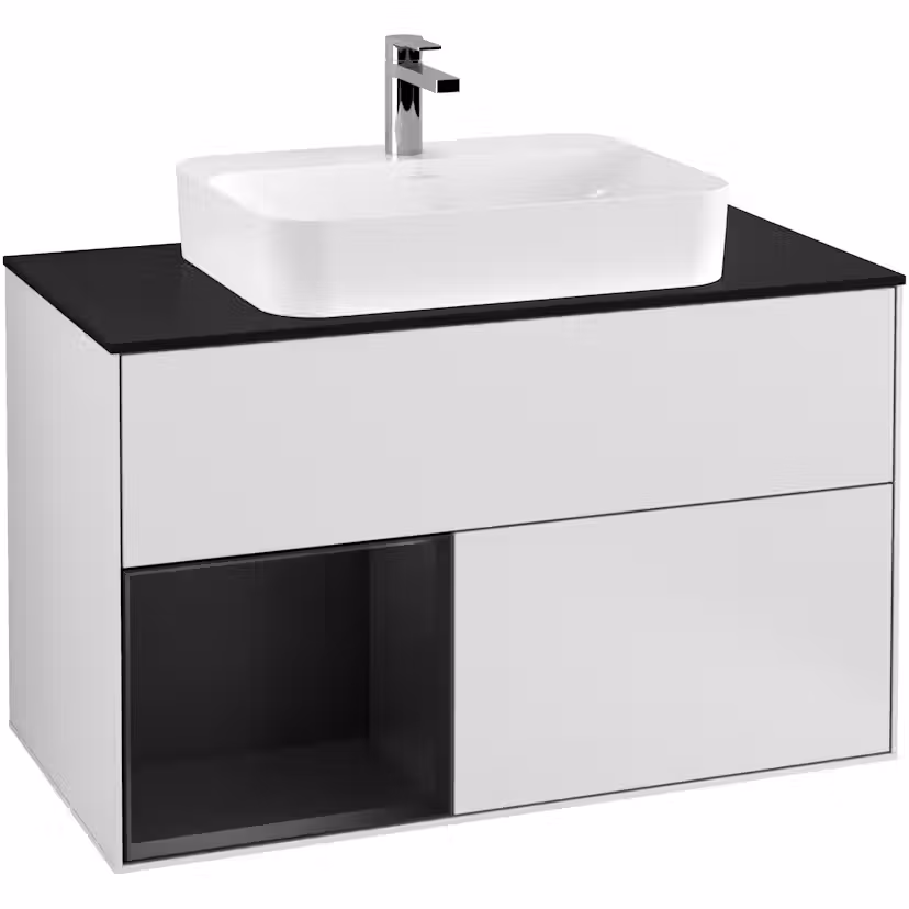 Tvättställsskåp Villeroy & Boch Finion med 2 Lådor Hylla och Bänkskiva för Ytmonterat Tvättställ Vit Mattlack/Svart Mattlack med bänkskiva i Mattsvart glas, Lucka Vänster