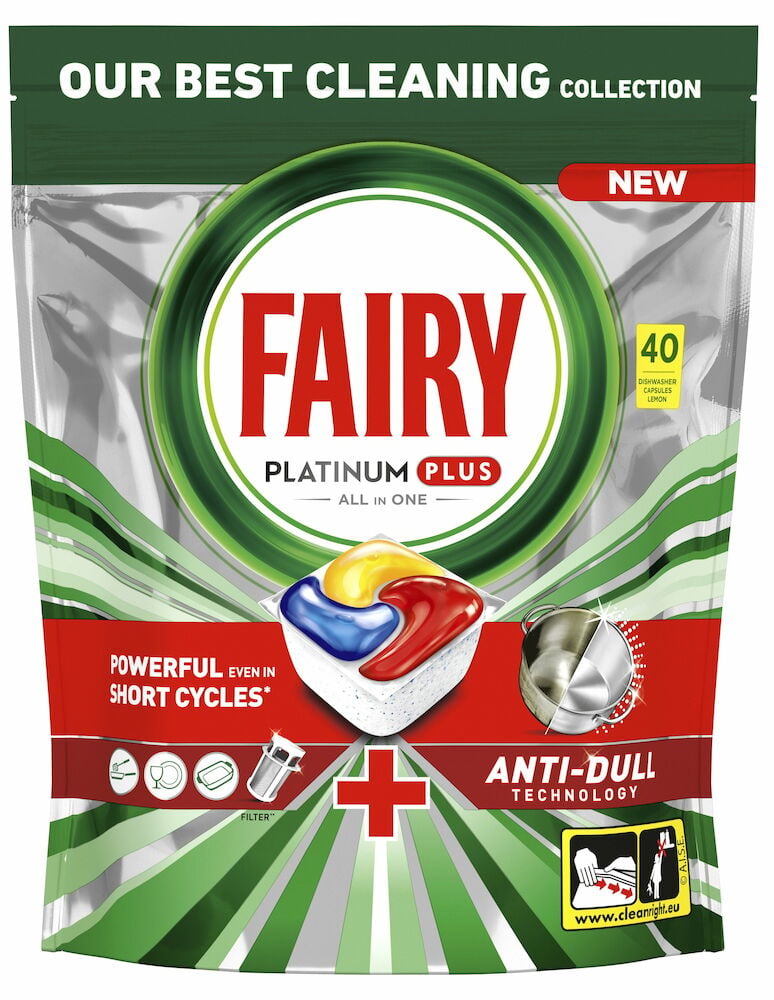 Konetiskitabletti Fairy Platinum Plus Sisältää sekä nestemäistä ainetta että jauhemaista pesuainetta