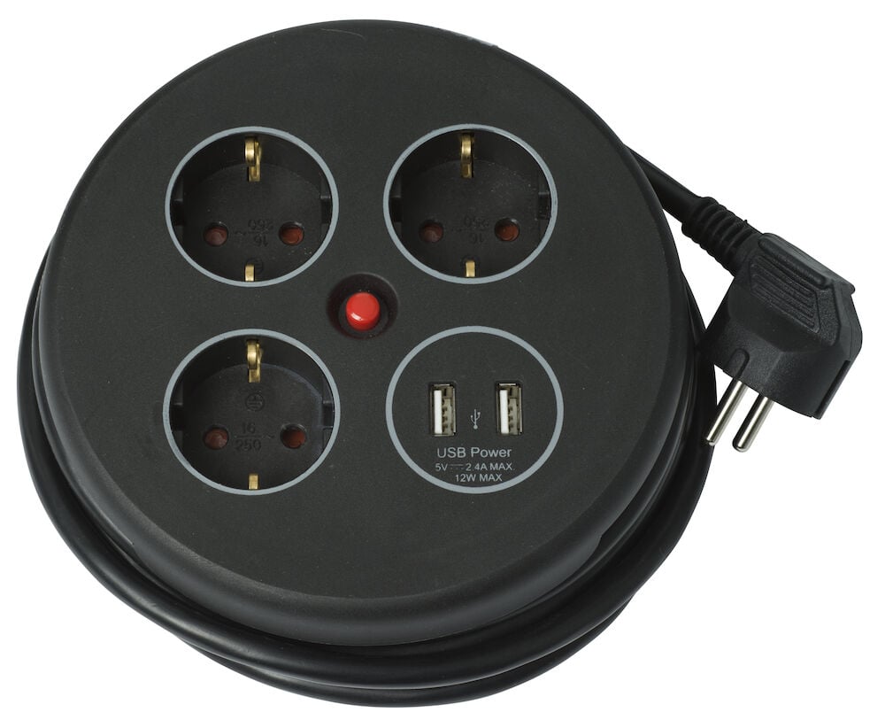 Kabeltrommel mit USB 3 Steckdosen und 2 USB-A-Anschlüsse