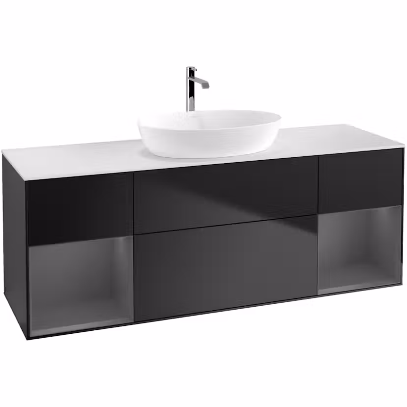 Tvättställsskåp Villeroy & Boch Finion med Två Hyllor och Bänkskiva för Fristående Tvättställ från Artis & Collaro Svart Mattlack/Antracitgrå Mattlack med bänkskiva i Mattvitt glas med Väggbelysning Med Blandarhål utan Väggbelysning