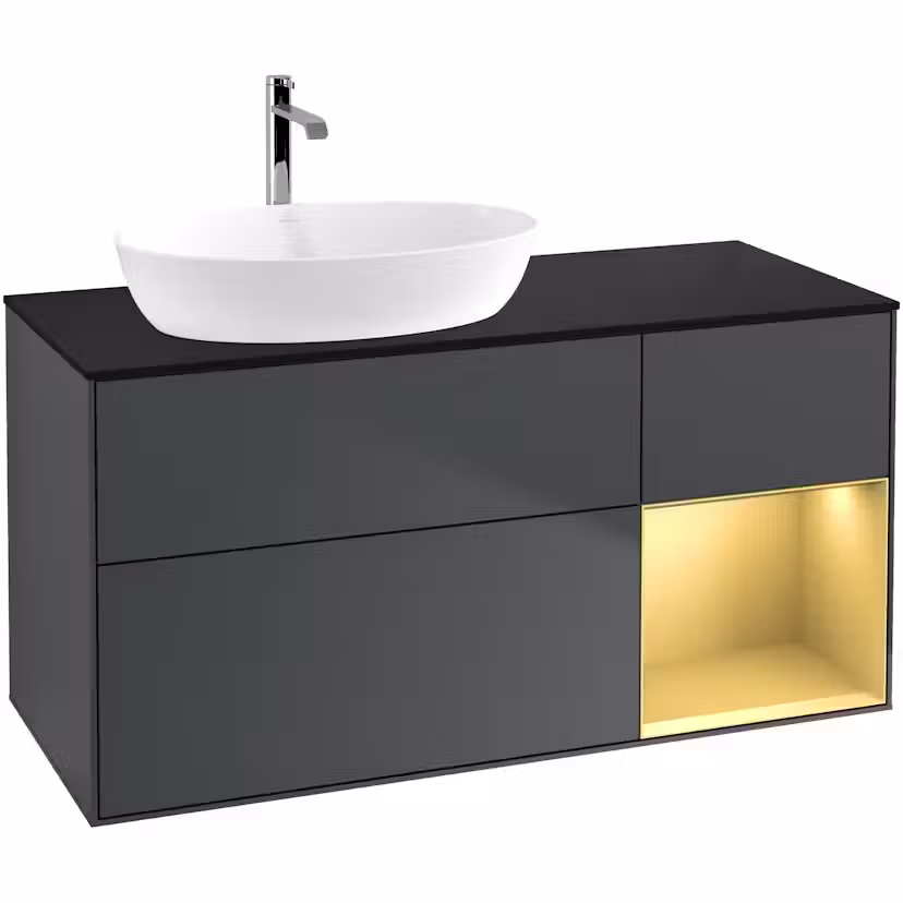 Tvättställsskåp Villeroy & Boch Finion med 3 Lådor Hylla och Bänkskiva för Ocentrerat Tvättställ från Artis & Collaro Midnattsblå Mattlack/Guld Mattlack med bänkskiva i Mattsvart glas med Väggbelysning, Lucka Höger Utan Blandarhål
