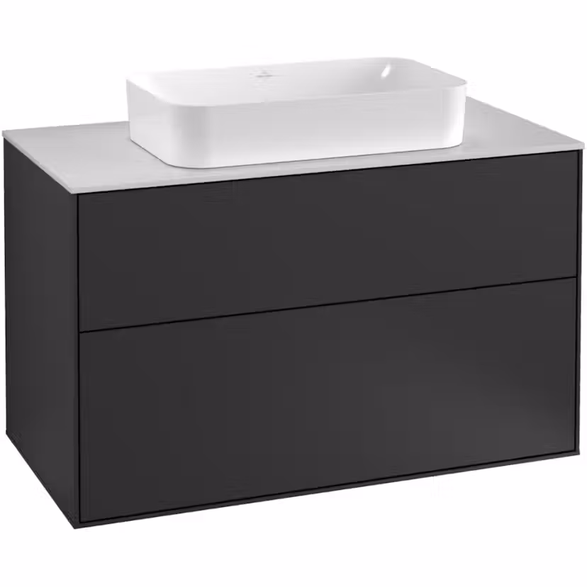 Tvättställsskåp Villeroy & Boch Finion med 2 Lådor och Bänkskiva för Fristående Tvättställ Antracitgrå Mattlack B: 1000 mm med bänkskiva i Mattvitt glas med Blandarhål