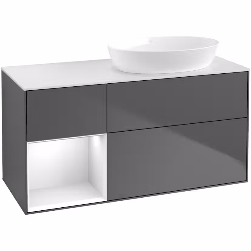 Tvättställsskåp Villeroy & Boch Finion med 3 Lådor Hylla och Bänkskiva för Ocentrerat Tvättställ från Artis & Collaro Antracitgrå Mattlack/Vit Högblank med bänkskiva i Mattvitt glas, Lucka Vänster Utan Blandarhål utan Väggbelysning