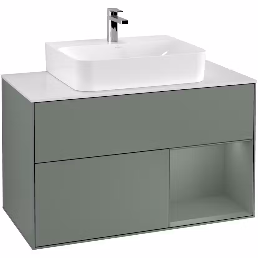 Tvättställsskåp Villeroy & Boch Finion med 2 Lådor Hylla och Bänkskiva för Centrerat Tvättställ Oliv Mattlack/Oliv Mattlack med bänkskiva i Mattvitt glas med Väggbelysning, Lucka Höger