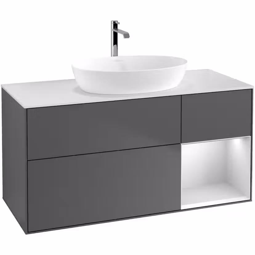 Tvättställsskåp Villeroy & Boch Finion med 3 Lådor Hylla och Bänkskiva för Fristående Tvättställ från Artis & Collaro Antracitgrå Mattlack/Vit Mattlack med bänkskiva i Mattvitt glas med Väggbelysning, Lucka Höger Utan Blandarhål