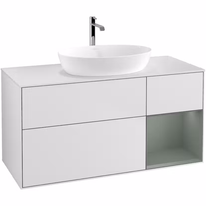 Tvättställsskåp Villeroy & Boch Finion med 3 Lådor Hylla och Bänkskiva för Fristående Tvättställ från Artis & Collaro Vit Mattlack/Oliv Mattlack med bänkskiva i Mattvitt glas med Väggbelysning, Lucka Höger Med Blandarhål