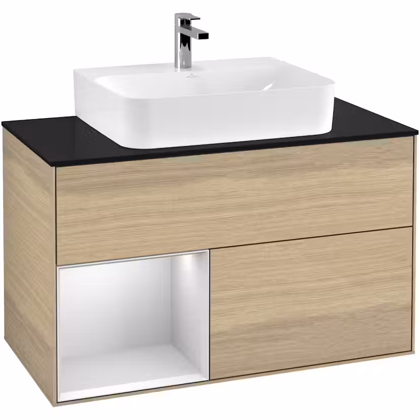 Tvättställsskåp Villeroy & Boch Finion med 2 Lådor Hylla och Bänkskiva för Centrerat Tvättställ Ekfanér/Vit Mattlack med bänkskiva i Mattsvart glas, Lucka Vänster