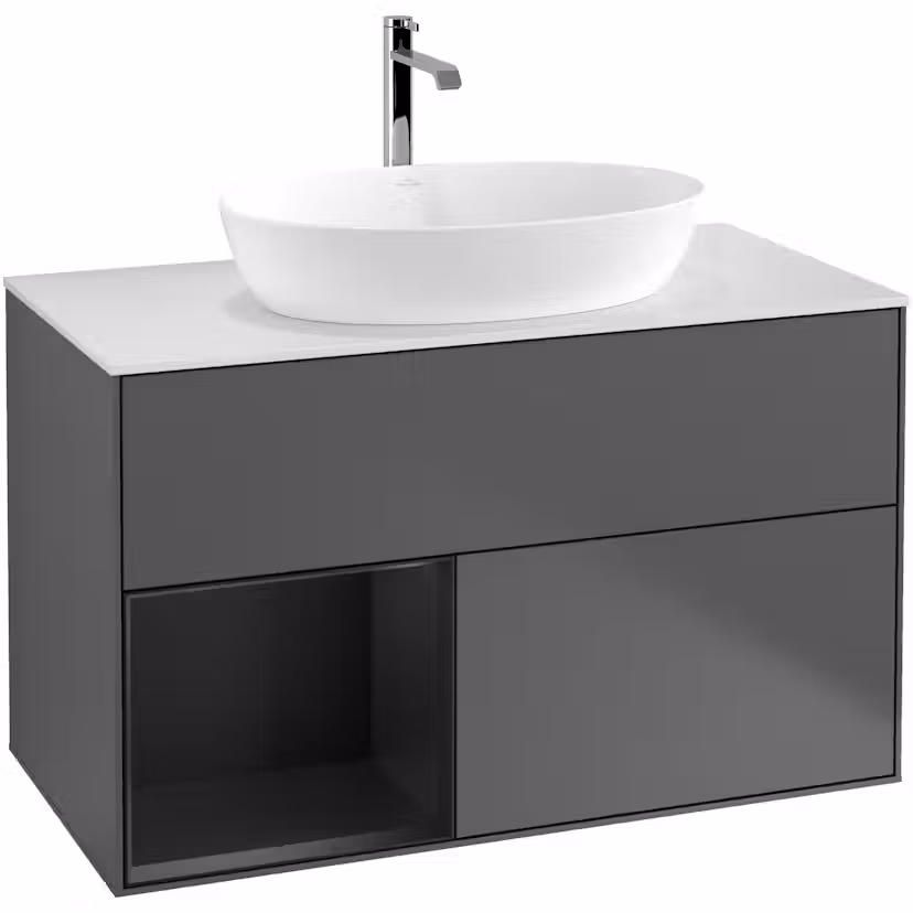 Tvättställsskåp Villeroy & Boch Finion med 2 Lådor Hylla och Bänkskiva för Fristående Tvättställ från Artis & Collaro Antracitgrå Mattlack/Svart Mattlack med bänkskiva i Mattvitt glas med Väggbelysning, Lucka Vänster Med Blandarhål