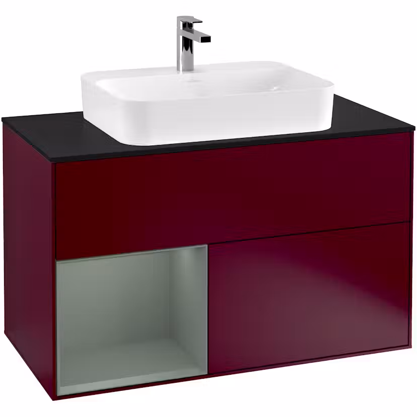Tvättställsskåp Villeroy & Boch Finion med 2 Lådor Hylla och Bänkskiva för Ytmonterat Tvättställ Pion Mattlack/Oliv Mattlack med bänkskiva i Mattsvart glas, Lucka Vänster