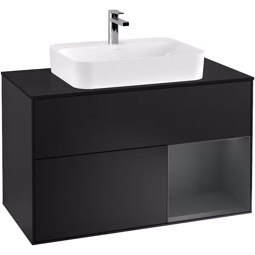 Tvättställsskåp Villeroy & Boch Finion med 2 Lådor Hylla och Bänkskiva för Ytmonterat Tvättställ Svart Mattlack/Midnattsblå Mattlack med bänkskiva i Mattsvart glas, Lucka Höger