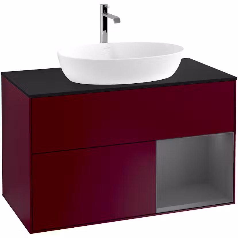 Tvättställsskåp Villeroy & Boch Finion med 2 Lådor Hylla och Bänkskiva för Fristående Tvättställ från Artis & Collaro Pion Mattlack/Antracitgrå Mattlack med bänkskiva i Mattsvart glas med Väggbelysning, Lucka Höger Med Blandarhål