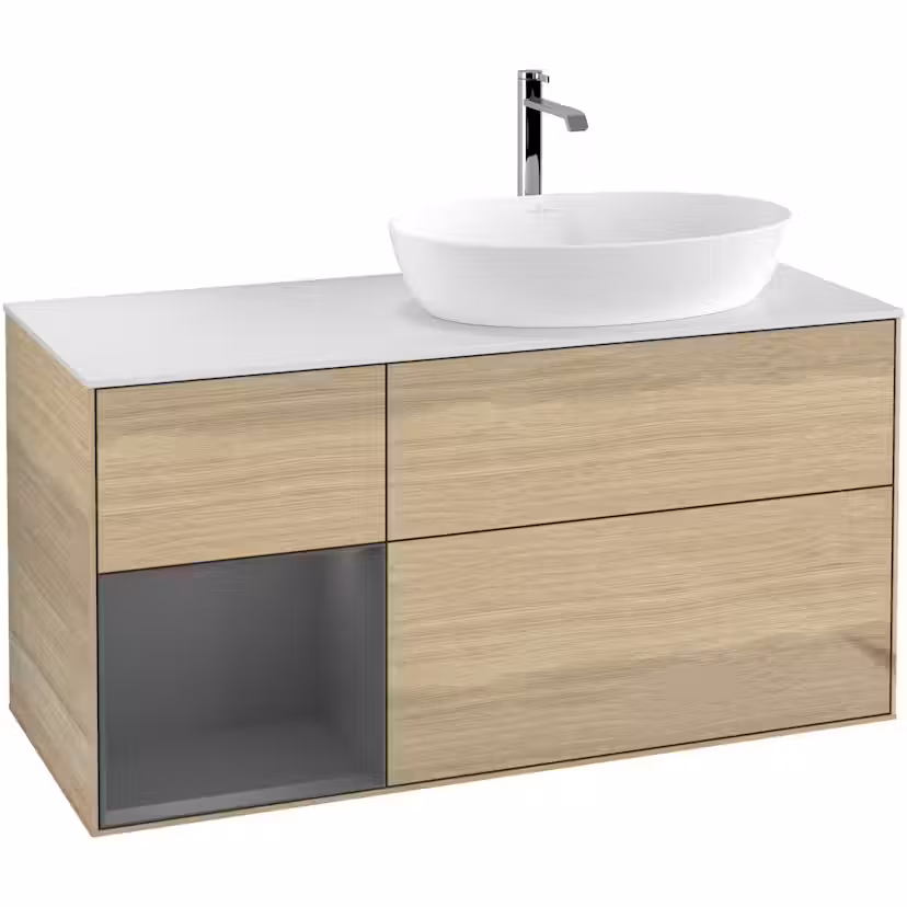 Tvättställsskåp Villeroy & Boch Finion med 3 Lådor Hylla och Bänkskiva för Ocentrerat Tvättställ från Artis & Collaro Ekfanér/Antracitgrå Mattlack med bänkskiva i Mattvitt glas med Väggbelysning, Lucka Vänster Utan Blandarhål