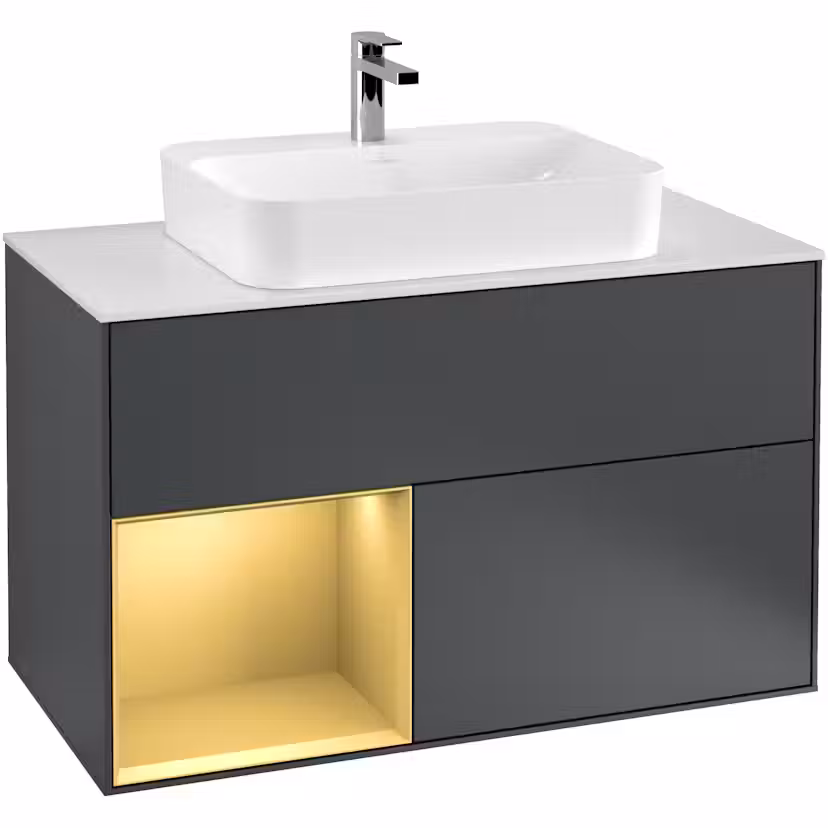Tvättställsskåp Villeroy & Boch Finion med 2 Lådor Hylla och Bänkskiva för Ytmonterat Tvättställ Midnattsblå Mattlack/Guld Mattlack med bänkskiva i Mattvitt glas med Väggbelysning, Lucka Vänster