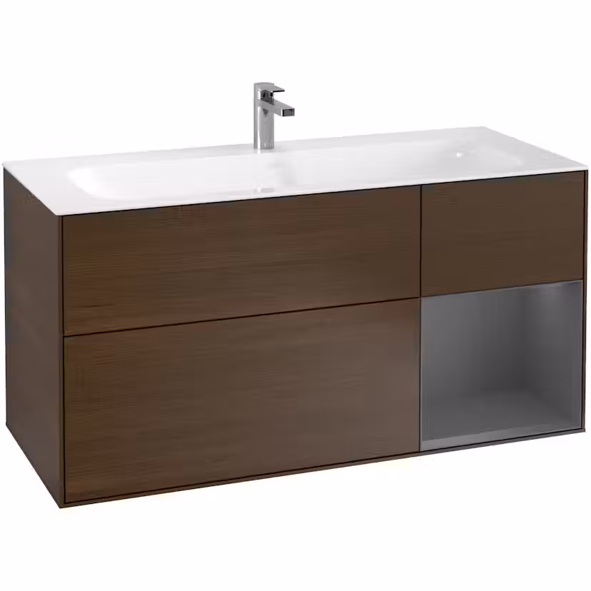 Tvättställsskåp Villeroy & Boch Finion med 3 Lådor och Hylla för Inbyggt Tvättställ Valnötsfanér/Antracitgrå Mattlack med Väggbelysning, Lucka Höger